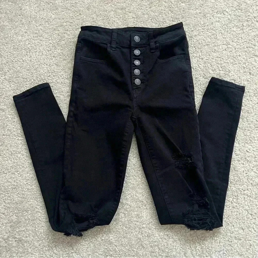 American Eagle Outfitters Button Super Hi Rise Jeggings Black Women’s Size 0 Reg